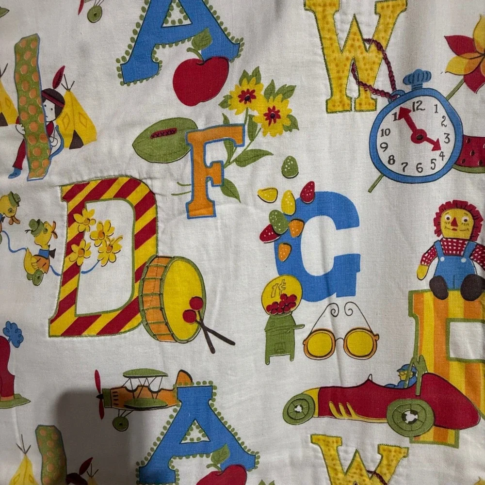 Vintage Handmade Baby Quilt Alphabet Toy Print White Blue Storybook Nursery